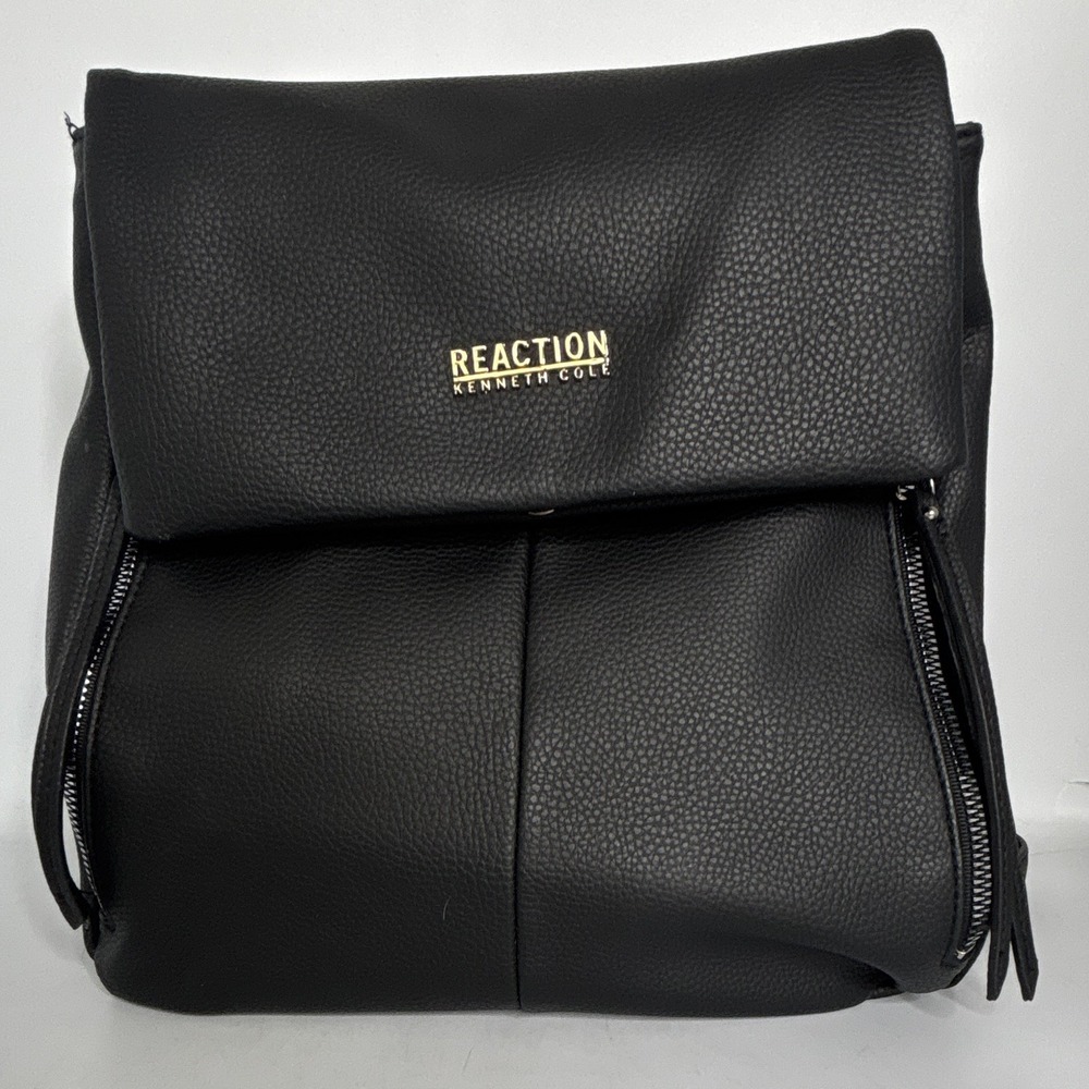 Kenneth Cole Reaction Black Pebble Faux Leather Handbag Backpack Silver Hardware